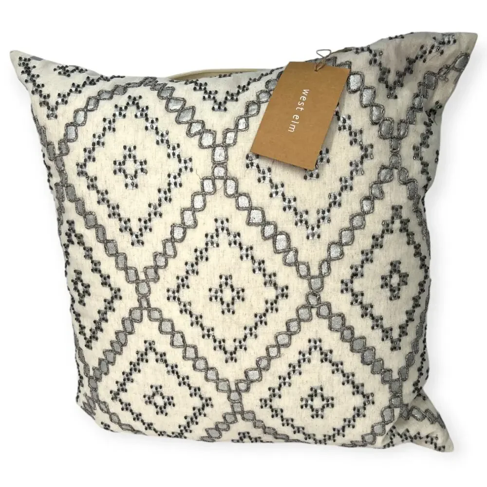 New West Elm Embroidered Embellished Beaded Down Feather Filled 18' X 18